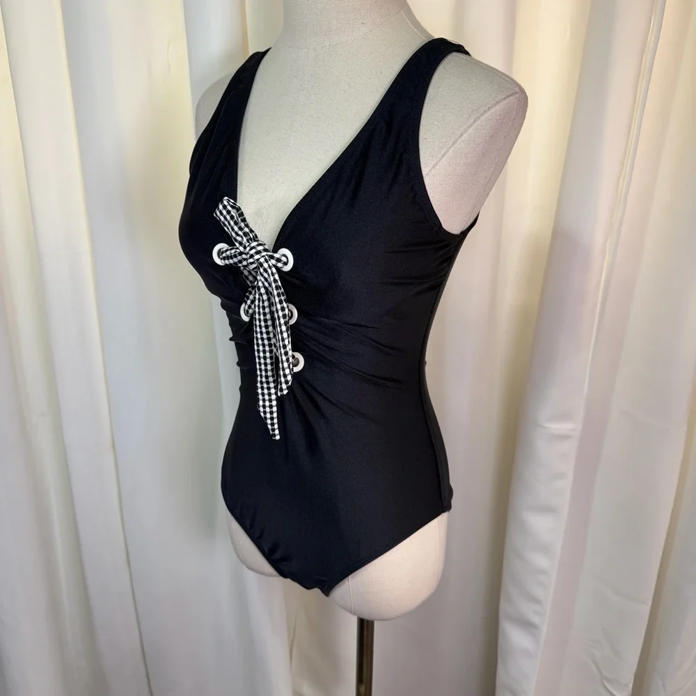 NWT Shoshanna Black One-Piece Checkered Gingham Lace-Up Bust Swimsuit Size 6